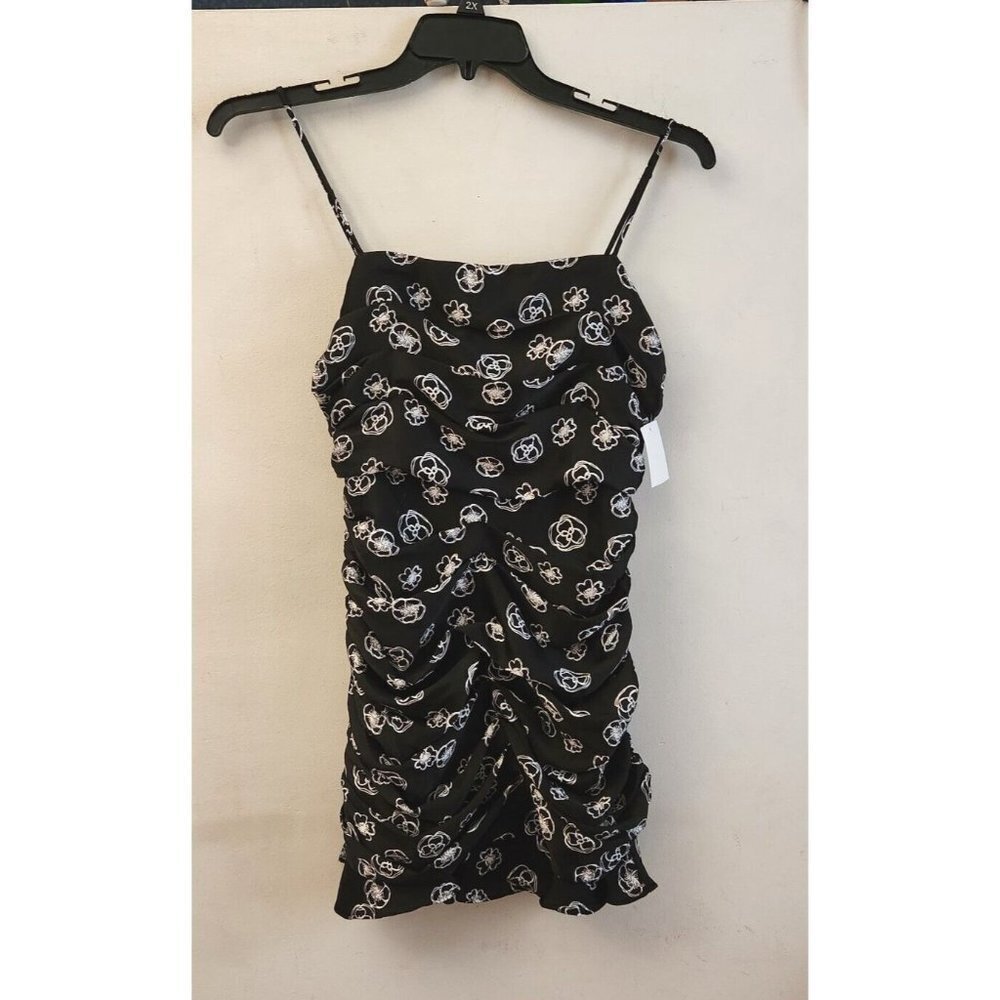 Lush Black White Floral Dress Small Rouched Bodycon Spagetti Straps Lined NWOT